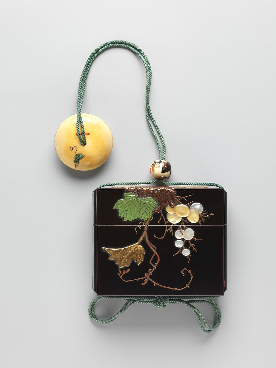 Inrō with Grapevine, Nomura Choheisai (Japanese, active second half of the 18th century), One case; lacquered wood with gold hiramaki-e, gold foil application with green stained ivory, mother-of-pearl, amber, and horn inlays on black lacquer ground
Netsuke: ivory; kagamibuta with inlaid design of gourd and vine
Ojime: ivory bead with inlaid design of branch with fruits, Japan