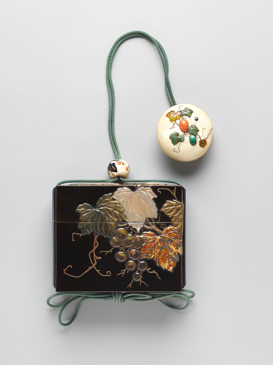 Inrō with Grapevine, Nomura Choheisai (Japanese, active second half of the 18th century), One case; lacquered wood with gold hiramaki-e, gold foil application with green stained ivory, mother-of-pearl, amber, and horn inlays on black lacquer ground
Netsuke: ivory; kagamibuta with inlaid design of gourd and vine
Ojime: ivory bead with inlaid design of branch with fruits, Japan 