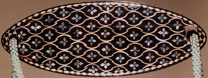 Inrō with Geometric Pattern, Four cases; lacquered wood with metal and mother-of-pearl inlay on black lacquer ground; Netsuke: ryūsa type carved ivory; floral design; Ojime: metal bead with chrysanthemum, Japan