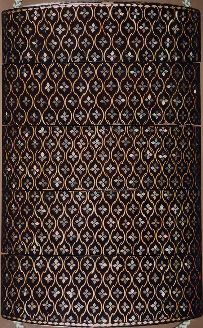 Inrō with Geometric Pattern, Four cases; lacquered wood with metal and mother-of-pearl inlay on black lacquer ground; Netsuke: ryūsa type carved ivory; floral design; Ojime: metal bead with chrysanthemum, Japan