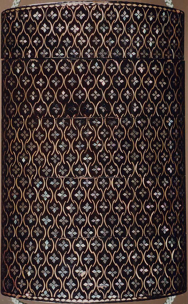 Inrō with Geometric Pattern, Four cases; lacquered wood with metal and mother-of-pearl inlay on black lacquer ground; Netsuke: ryūsa type carved ivory; floral design; Ojime: metal bead with chrysanthemum, Japan