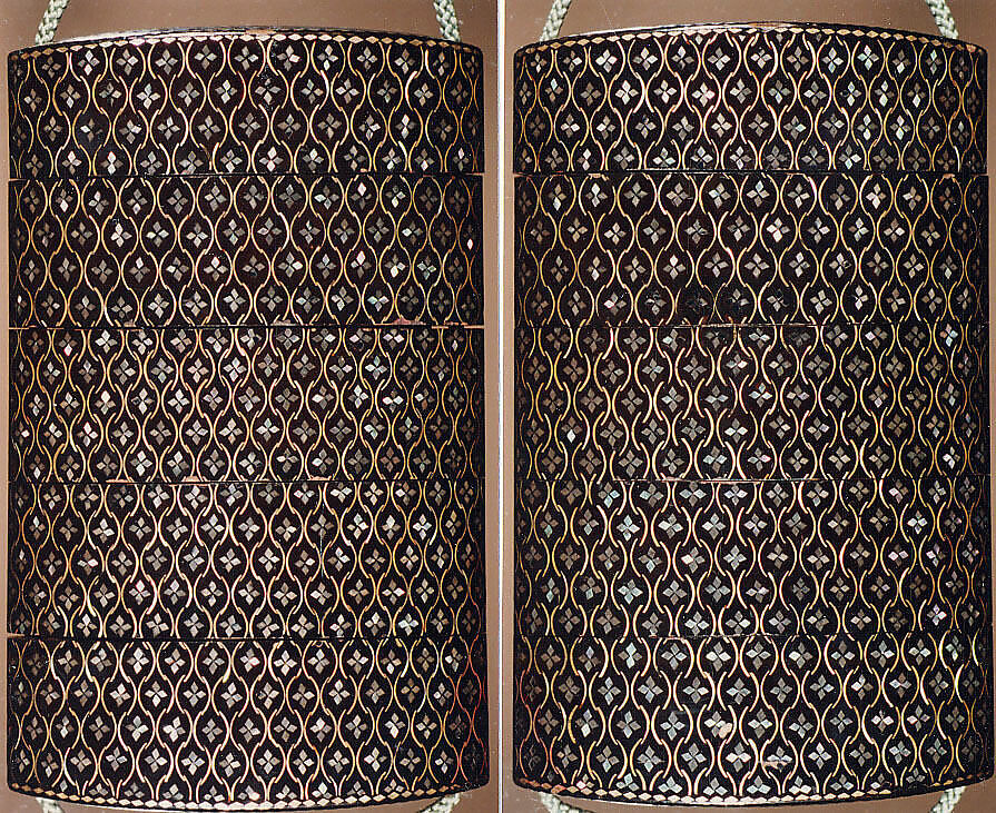 Inrō with Geometric Pattern, Four cases; lacquered wood with metal and mother-of-pearl inlay on black lacquer ground; Netsuke: ryūsa type carved ivory; floral design; Ojime: metal bead with chrysanthemum, Japan
