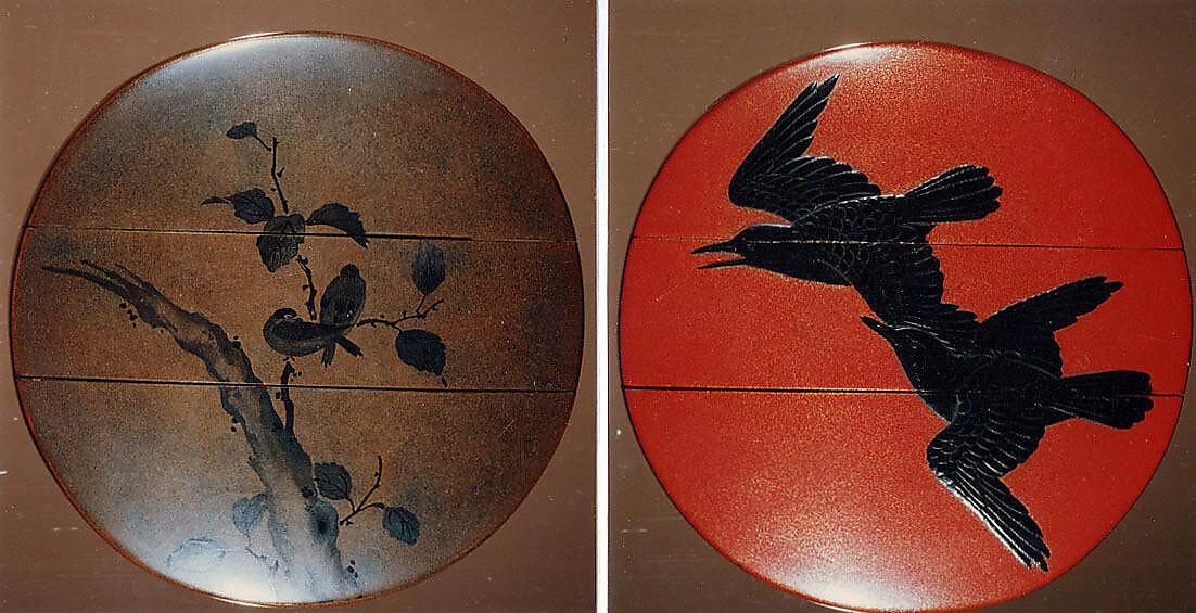 Case (Inrō) with Design of Crows in Flight and Birds on Branches, Lacquer, red ground, silver ground, sumie togidashi; Interior: roiro and fundame, Japan