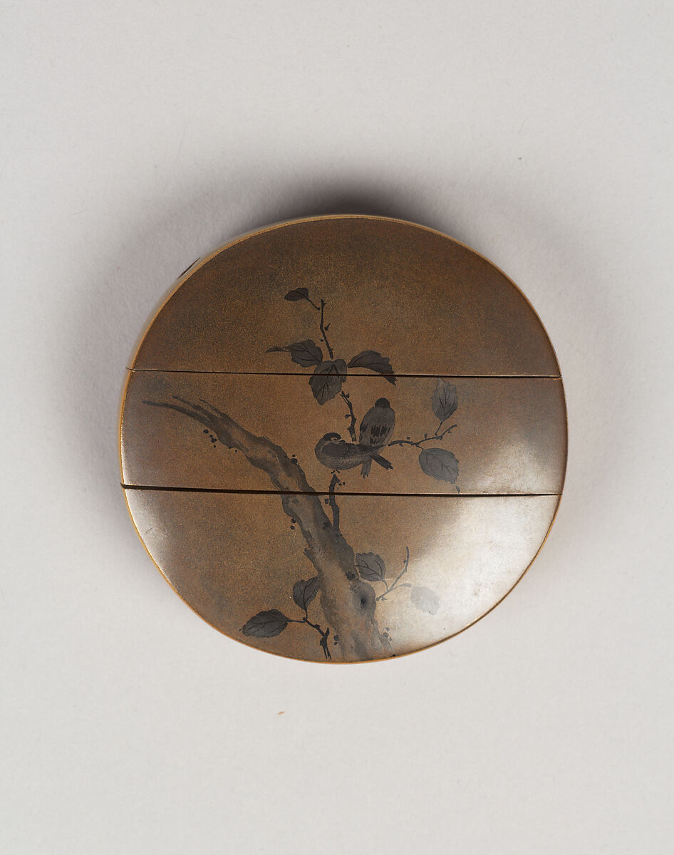Case (Inrō) with Design of Crows in Flight and Birds on Branches, Lacquer, red ground, silver ground, sumie togidashi; Interior: roiro and fundame, Japan