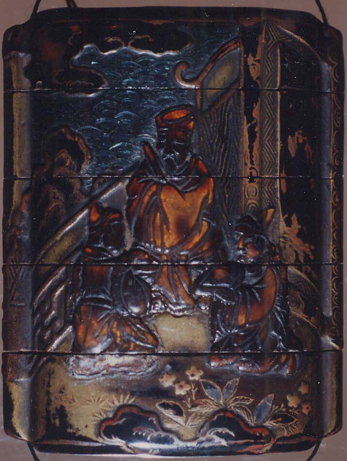 Case (Inrō) with Design of Chinese Sages Playing Musical Instruments on a Verandah, Lacquer, roiro, rubbed fundame, brown and black hiramakie, tortoiseshell, aogai; Interior: nashiji and fundame, Japan
