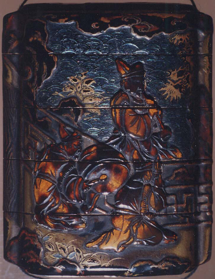 Case (Inrō) with Design of Chinese Sages Playing Musical Instruments on a Verandah, Lacquer, roiro, rubbed fundame, brown and black hiramakie, tortoiseshell, aogai; Interior: nashiji and fundame, Japan