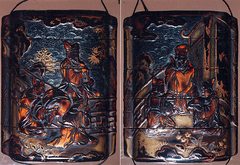 Case (Inrō) with Design of Chinese Sages Playing Musical Instruments on a Verandah, Lacquer, roiro, rubbed fundame, brown and black hiramakie, tortoiseshell, aogai; Interior: nashiji and fundame, Japan 