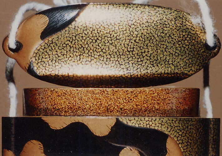 Case (Inrō) with Design of Herd Boy Wearing Hat beside Piebald Ox, Lacquer, hirame ground, light brown, brown and black hiramakie, eye raden; Interior: nashiji and fundame, Japan