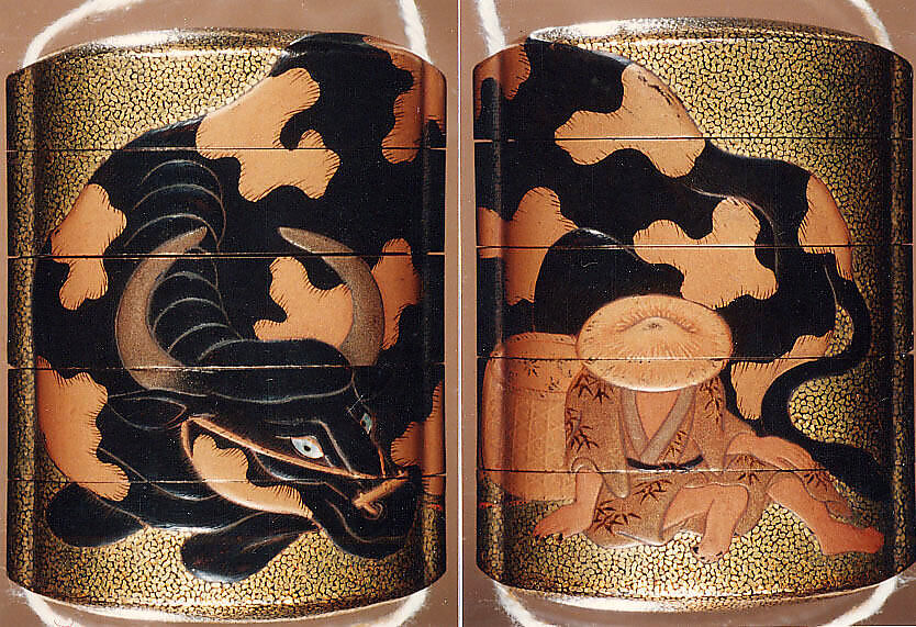 Case (Inrō) with Design of Herd Boy Wearing Hat beside Piebald Ox, Lacquer, hirame ground, light brown, brown and black hiramakie, eye raden; Interior: nashiji and fundame, Japan