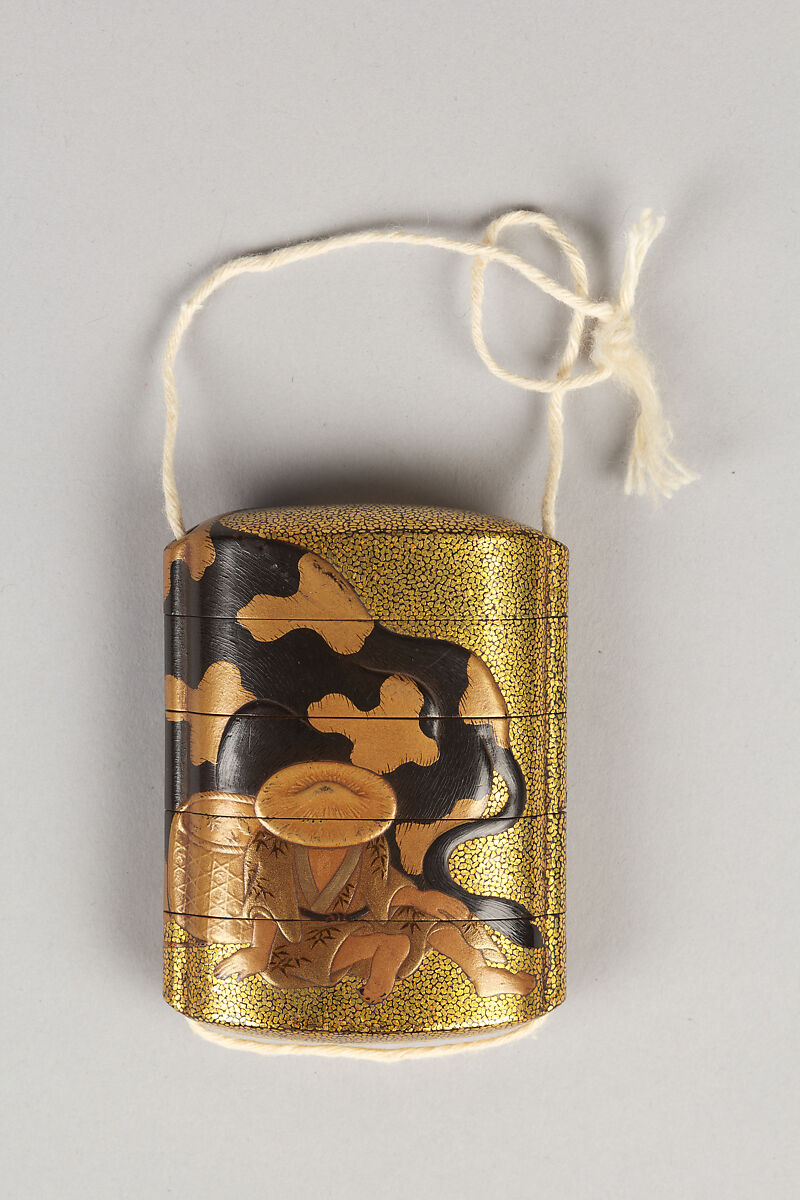 Case (Inrō) with Design of Herd Boy Wearing Hat beside Piebald Ox, Lacquer, hirame ground, light brown, brown and black hiramakie, eye raden; Interior: nashiji and fundame, Japan