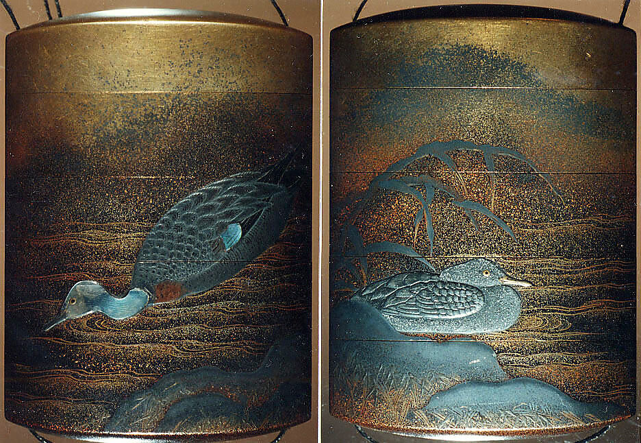 Case (Inrō) with Design of Ducks beside Snow-Covered Reeds and Shore, Lacquer, fundame, nashiji, gold and silver hiramakie, raden inlay; Interior: nashiji and fundame, Japan 