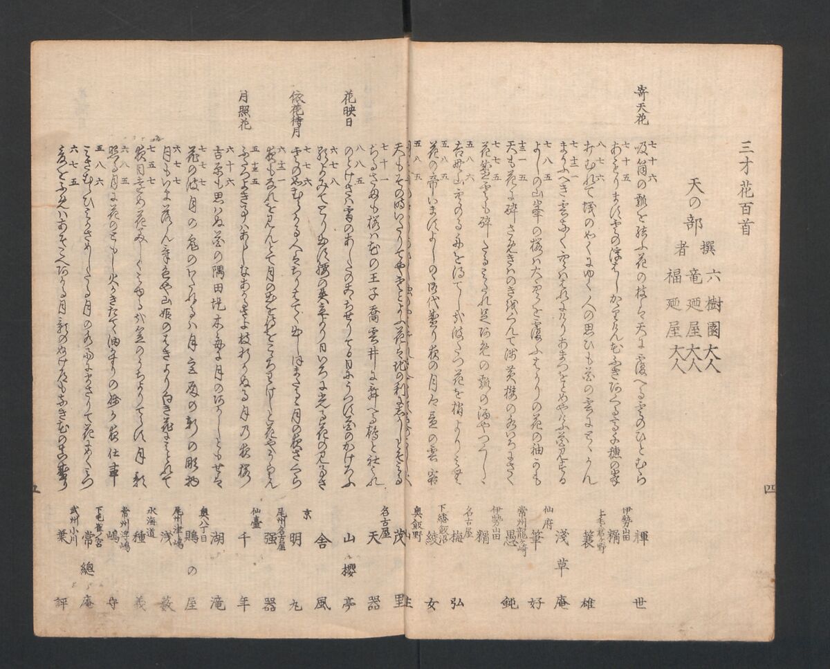 One Hundred Comic Poems of the Flower, One of the Three Friends, Tsuki, the Moon, Yuki, the Snow, and Hana, the Flower (Sansai hana hyakushu) 三才花百首, Totoya Hokkei 魚屋北渓 (Japanese, 1780–1850), Three volumes; ink and color on paper, Japan
