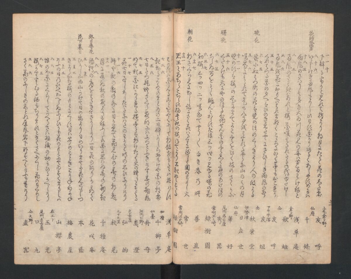 One Hundred Comic Poems of the Flower, One of the Three Friends, Tsuki, the Moon, Yuki, the Snow, and Hana, the Flower (Sansai hana hyakushu) 三才花百首, Totoya Hokkei 魚屋北渓 (Japanese, 1780–1850), Three volumes; ink and color on paper, Japan