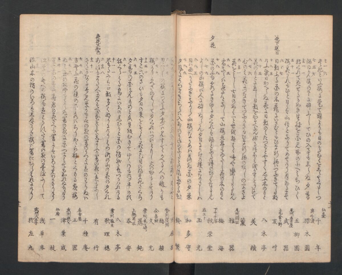 One Hundred Comic Poems of the Flower, One of the Three Friends, Tsuki, the Moon, Yuki, the Snow, and Hana, the Flower (Sansai hana hyakushu) 三才花百首, Totoya Hokkei 魚屋北渓 (Japanese, 1780–1850), Three volumes; ink and color on paper, Japan