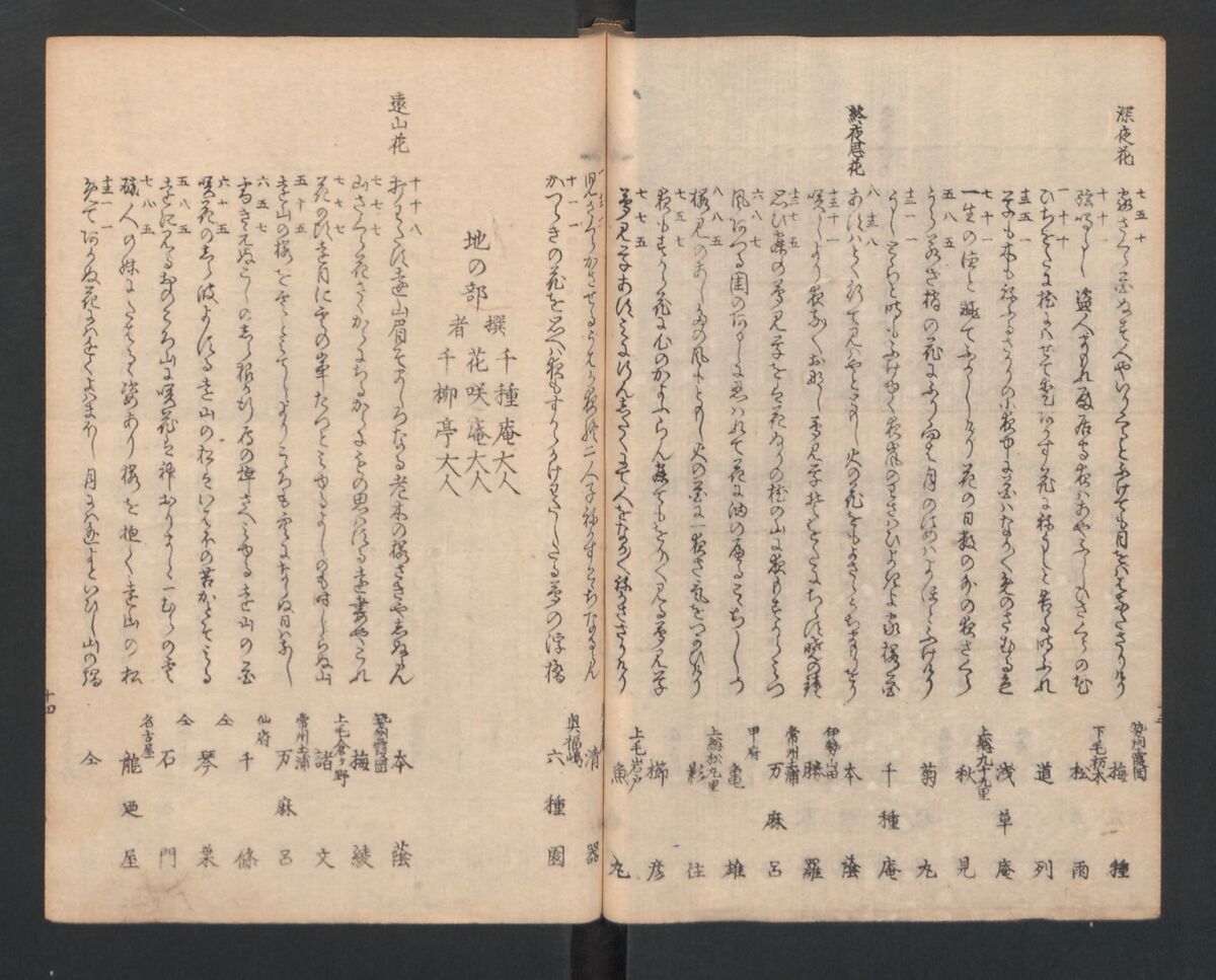 One Hundred Comic Poems of the Flower, One of the Three Friends, Tsuki, the Moon, Yuki, the Snow, and Hana, the Flower (Sansai hana hyakushu) 三才花百首, Totoya Hokkei 魚屋北渓 (Japanese, 1780–1850), Three volumes; ink and color on paper, Japan