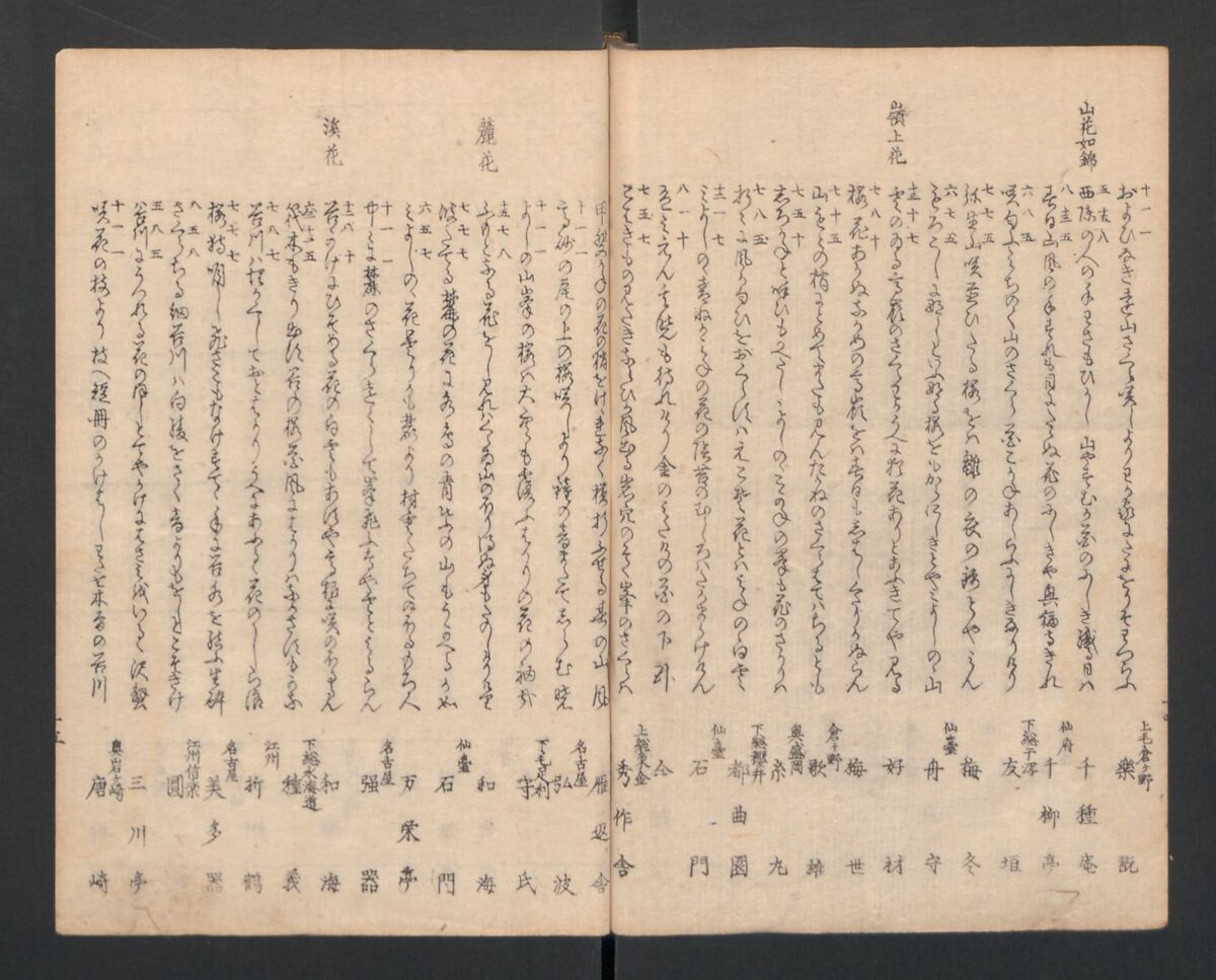 One Hundred Comic Poems of the Flower, One of the Three Friends, Tsuki, the Moon, Yuki, the Snow, and Hana, the Flower (Sansai hana hyakushu) 三才花百首, Totoya Hokkei 魚屋北渓 (Japanese, 1780–1850), Three volumes; ink and color on paper, Japan