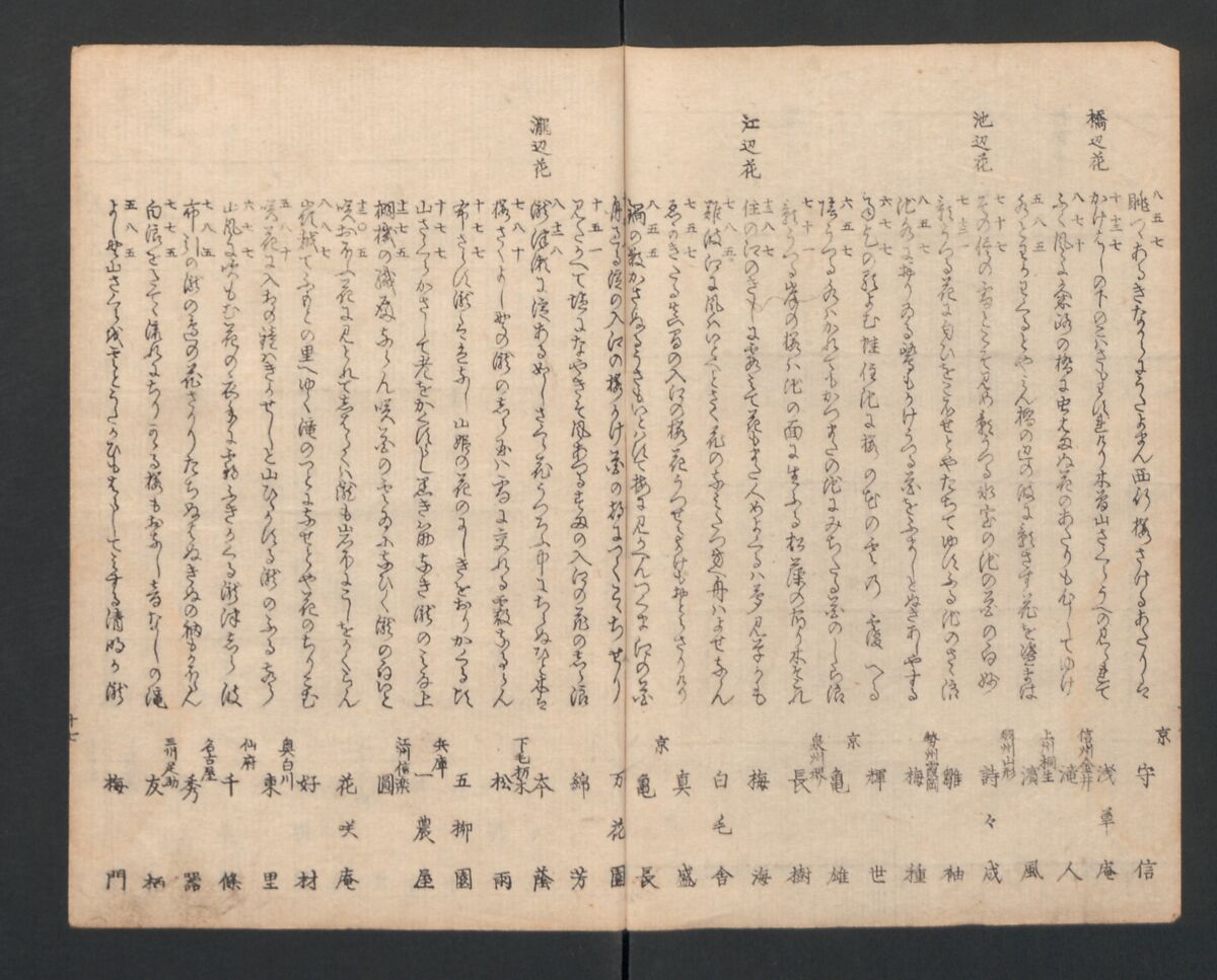 One Hundred Comic Poems of the Flower, One of the Three Friends, Tsuki, the Moon, Yuki, the Snow, and Hana, the Flower (Sansai hana hyakushu) 三才花百首, Totoya Hokkei 魚屋北渓 (Japanese, 1780–1850), Three volumes; ink and color on paper, Japan
