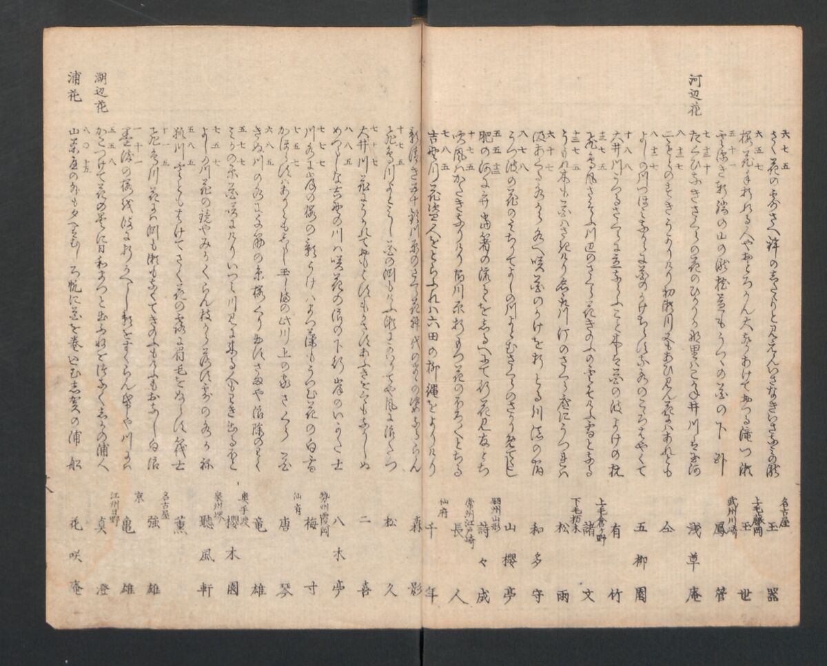 One Hundred Comic Poems of the Flower, One of the Three Friends, Tsuki, the Moon, Yuki, the Snow, and Hana, the Flower (Sansai hana hyakushu) 三才花百首, Totoya Hokkei 魚屋北渓 (Japanese, 1780–1850), Three volumes; ink and color on paper, Japan