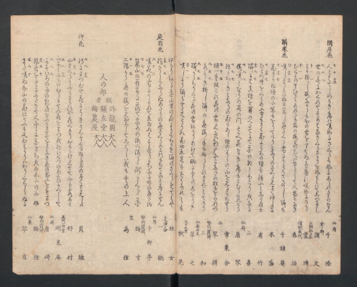 One Hundred Comic Poems of the Flower, One of the Three Friends, Tsuki, the Moon, Yuki, the Snow, and Hana, the Flower (Sansai hana hyakushu) 三才花百首, Totoya Hokkei 魚屋北渓 (Japanese, 1780–1850), Three volumes; ink and color on paper, Japan