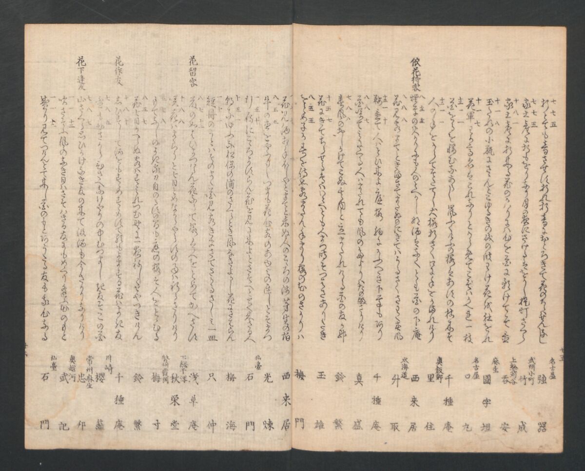 One Hundred Comic Poems of the Flower, One of the Three Friends, Tsuki, the Moon, Yuki, the Snow, and Hana, the Flower (Sansai hana hyakushu) 三才花百首, Totoya Hokkei 魚屋北渓 (Japanese, 1780–1850), Three volumes; ink and color on paper, Japan