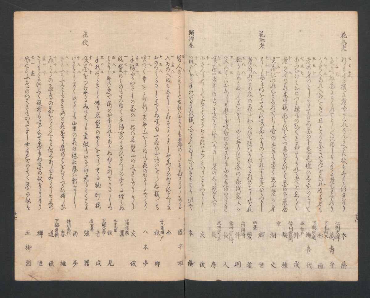 One Hundred Comic Poems of the Flower, One of the Three Friends, Tsuki, the Moon, Yuki, the Snow, and Hana, the Flower (Sansai hana hyakushu) 三才花百首, Totoya Hokkei 魚屋北渓 (Japanese, 1780–1850), Three volumes; ink and color on paper, Japan