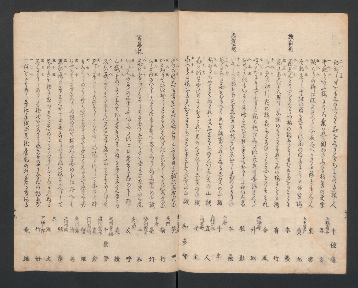 One Hundred Comic Poems of the Flower, One of the Three Friends, Tsuki, the Moon, Yuki, the Snow, and Hana, the Flower (Sansai hana hyakushu) 三才花百首, Totoya Hokkei 魚屋北渓 (Japanese, 1780–1850), Three volumes; ink and color on paper, Japan