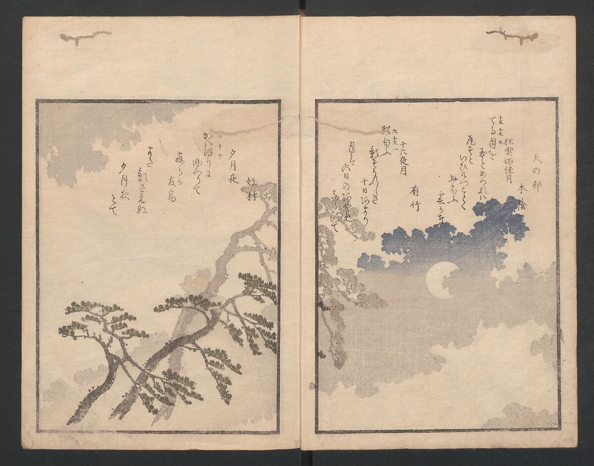 One Hundred Comic Poems of the Flower, One of the Three Friends, Tsuki, the Moon, Yuki, the Snow, and Hana, the Flower (Sansai hana hyakushu) 三才花百首, Totoya Hokkei 魚屋北渓 (Japanese, 1780–1850), Three volumes; ink and color on paper, Japan