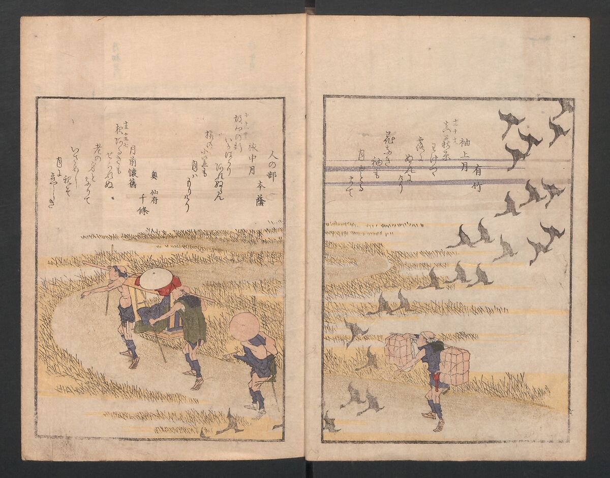 One Hundred Comic Poems of the Flower, One of the Three Friends, Tsuki, the Moon, Yuki, the Snow, and Hana, the Flower (Sansai hana hyakushu) 三才花百首, Totoya Hokkei 魚屋北渓 (Japanese, 1780–1850), Three volumes; ink and color on paper, Japan