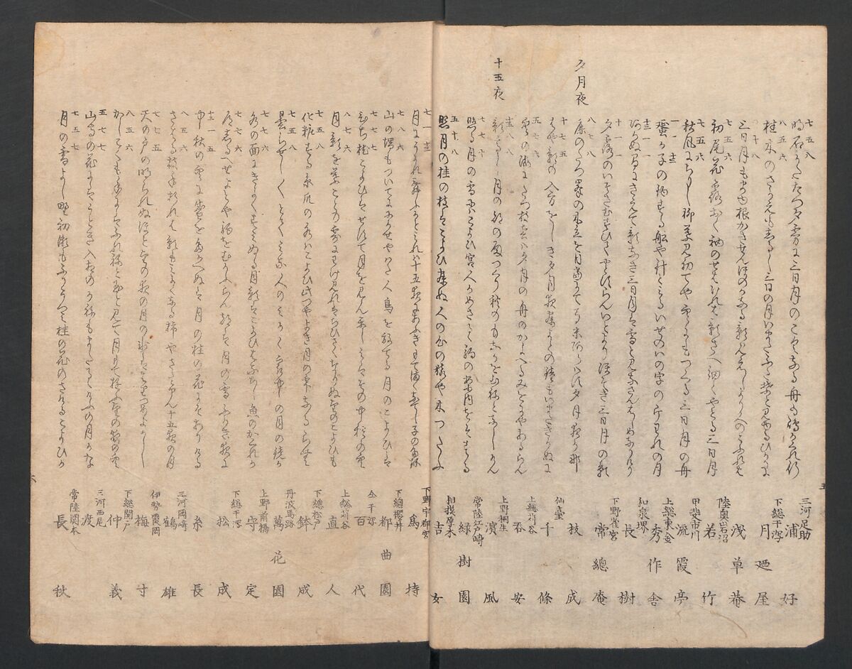 One Hundred Comic Poems of the Flower, One of the Three Friends, Tsuki, the Moon, Yuki, the Snow, and Hana, the Flower (Sansai hana hyakushu) 三才花百首, Totoya Hokkei 魚屋北渓 (Japanese, 1780–1850), Three volumes; ink and color on paper, Japan