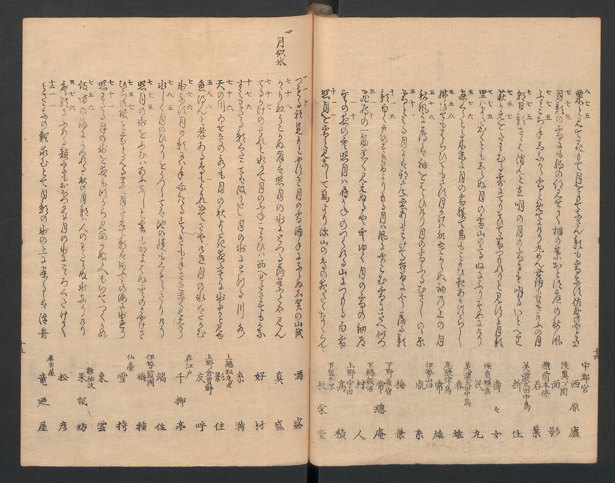 One Hundred Comic Poems of the Flower, One of the Three Friends, Tsuki, the Moon, Yuki, the Snow, and Hana, the Flower (Sansai hana hyakushu) 三才花百首, Totoya Hokkei 魚屋北渓 (Japanese, 1780–1850), Three volumes; ink and color on paper, Japan