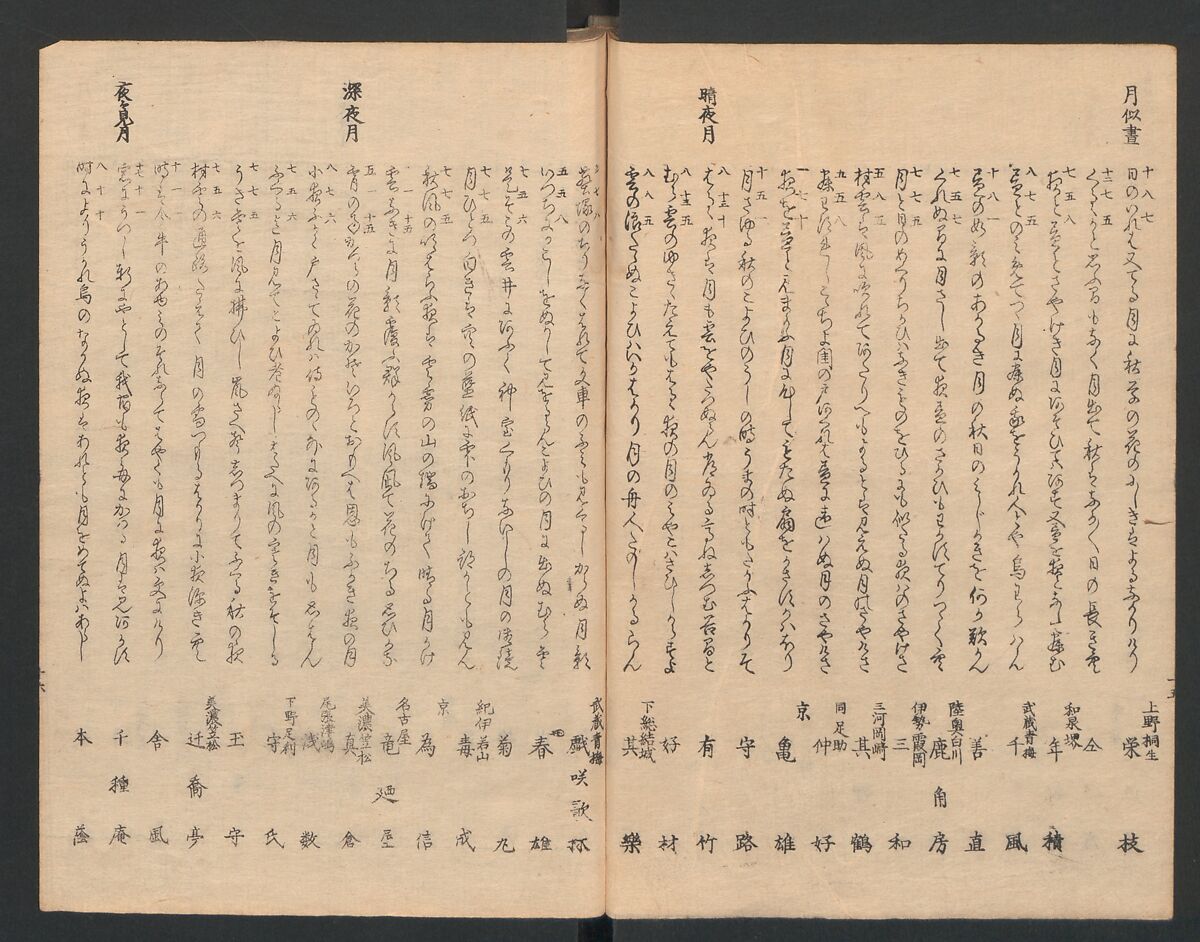 One Hundred Comic Poems of the Flower, One of the Three Friends, Tsuki, the Moon, Yuki, the Snow, and Hana, the Flower (Sansai hana hyakushu) 三才花百首, Totoya Hokkei 魚屋北渓 (Japanese, 1780–1850), Three volumes; ink and color on paper, Japan