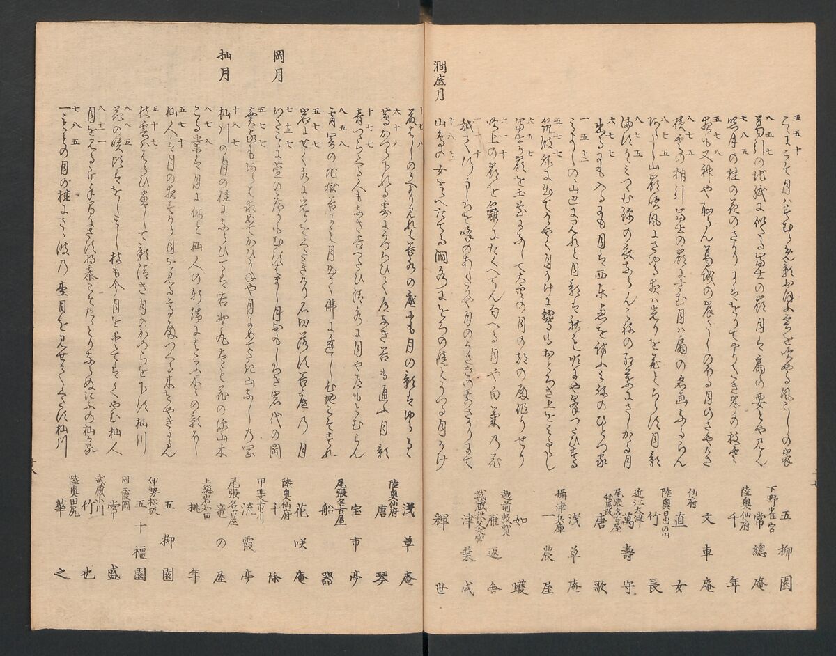 One Hundred Comic Poems of the Flower, One of the Three Friends, Tsuki, the Moon, Yuki, the Snow, and Hana, the Flower (Sansai hana hyakushu) 三才花百首, Totoya Hokkei 魚屋北渓 (Japanese, 1780–1850), Three volumes; ink and color on paper, Japan