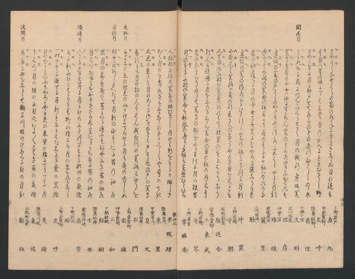 One Hundred Comic Poems of the Flower, One of the Three Friends, Tsuki, the Moon, Yuki, the Snow, and Hana, the Flower (Sansai hana hyakushu) 三才花百首, Totoya Hokkei 魚屋北渓 (Japanese, 1780–1850), Three volumes; ink and color on paper, Japan