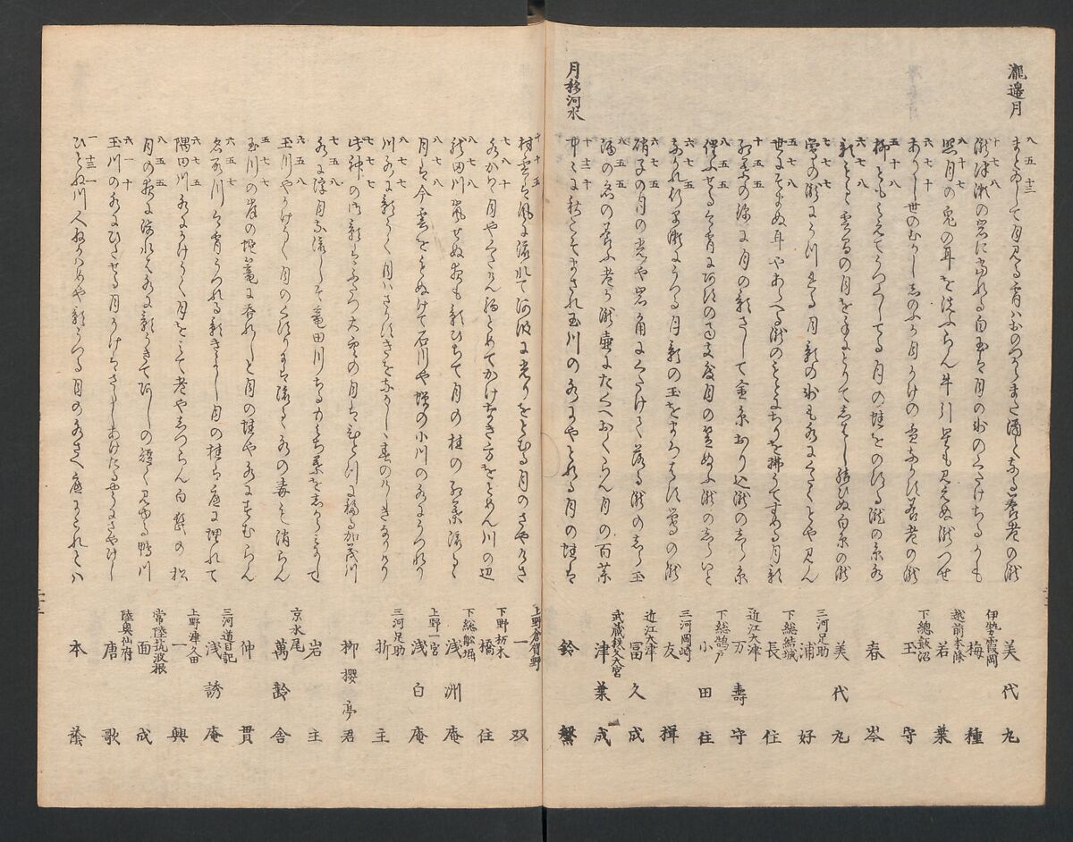 One Hundred Comic Poems of the Flower, One of the Three Friends, Tsuki, the Moon, Yuki, the Snow, and Hana, the Flower (Sansai hana hyakushu) 三才花百首, Totoya Hokkei 魚屋北渓 (Japanese, 1780–1850), Three volumes; ink and color on paper, Japan