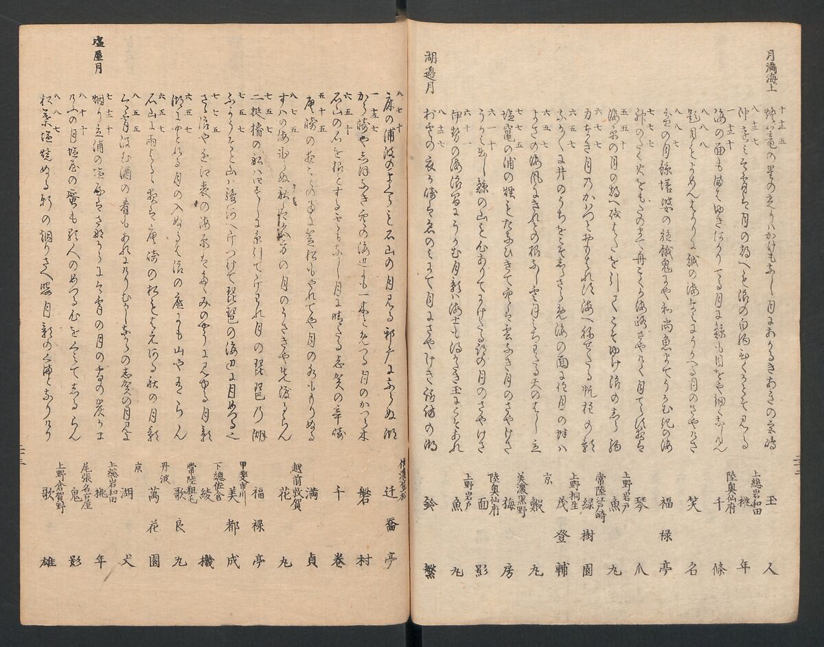 One Hundred Comic Poems of the Flower, One of the Three Friends, Tsuki, the Moon, Yuki, the Snow, and Hana, the Flower (Sansai hana hyakushu) 三才花百首, Totoya Hokkei 魚屋北渓 (Japanese, 1780–1850), Three volumes; ink and color on paper, Japan