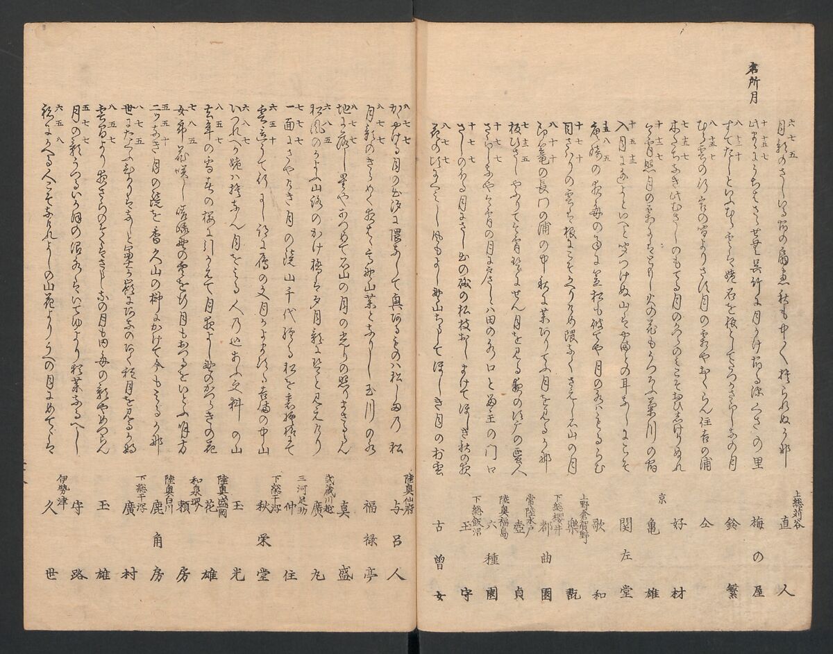 One Hundred Comic Poems of the Flower, One of the Three Friends, Tsuki, the Moon, Yuki, the Snow, and Hana, the Flower (Sansai hana hyakushu) 三才花百首, Totoya Hokkei 魚屋北渓 (Japanese, 1780–1850), Three volumes; ink and color on paper, Japan