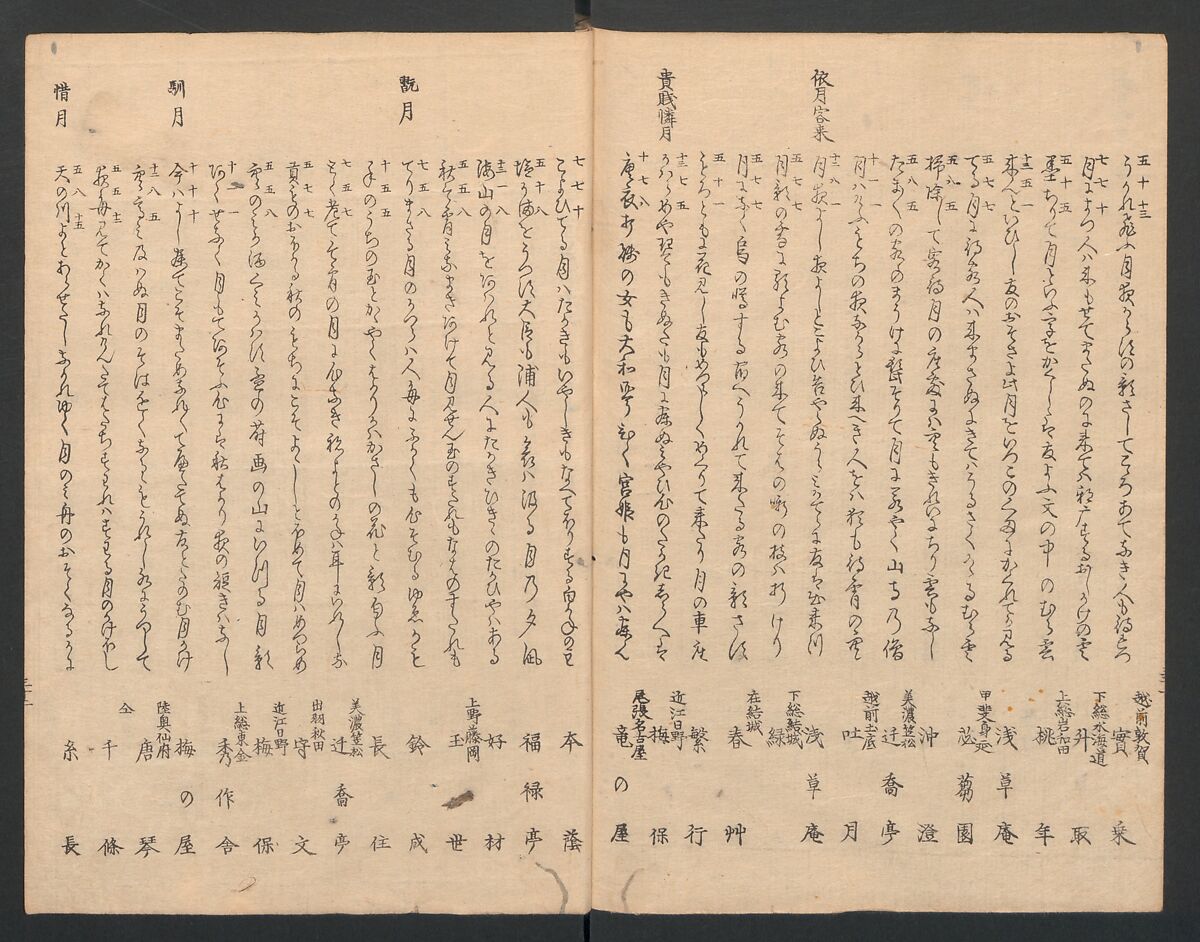 One Hundred Comic Poems of the Flower, One of the Three Friends, Tsuki, the Moon, Yuki, the Snow, and Hana, the Flower (Sansai hana hyakushu) 三才花百首, Totoya Hokkei 魚屋北渓 (Japanese, 1780–1850), Three volumes; ink and color on paper, Japan