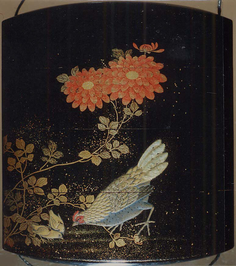 Case (Inrō) with Design of Rooster, Hen and Chicks beside Flowering Chrysanthemums, Lacquer, roiro, gold and red togidashi, gold and coloured hiramakie; Interior: red lacquer, nashiji and fundame, Japan