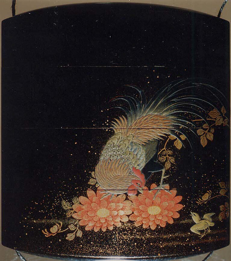Case (Inrō) with Design of Rooster, Hen and Chicks beside Flowering Chrysanthemums, Lacquer, roiro, gold and red togidashi, gold and coloured hiramakie; Interior: red lacquer, nashiji and fundame, Japan