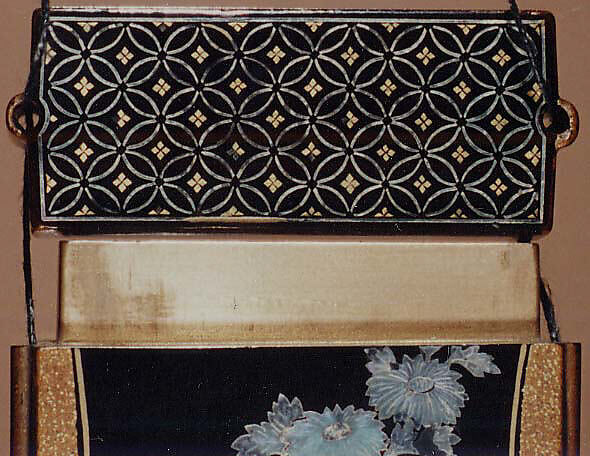 Case (Inrō) with Design of Flowering Chrysanthemums with Brocade Borders, Lacquer, roiro, nashiji, hirame, aogai, gold foil inlay; Interior: fundame, Japan