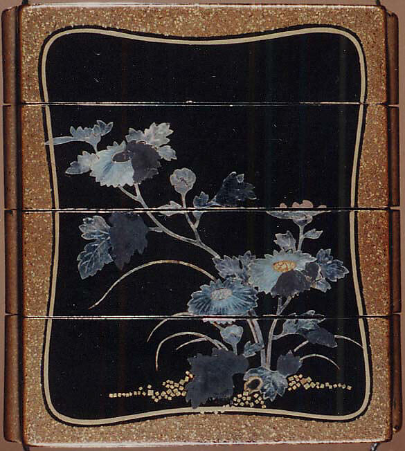 Case (Inrō) with Design of Flowering Chrysanthemums with Brocade Borders, Lacquer, roiro, nashiji, hirame, aogai, gold foil inlay; Interior: fundame, Japan