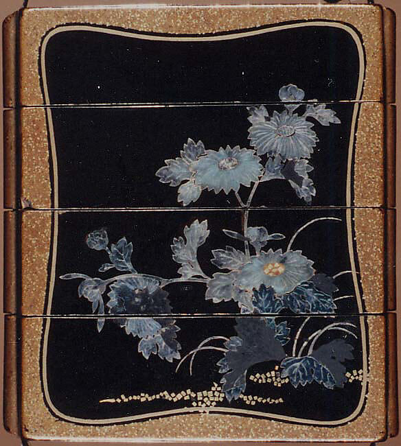 Case (Inrō) with Design of Flowering Chrysanthemums with Brocade Borders, Lacquer, roiro, nashiji, hirame, aogai, gold foil inlay; Interior: fundame, Japan