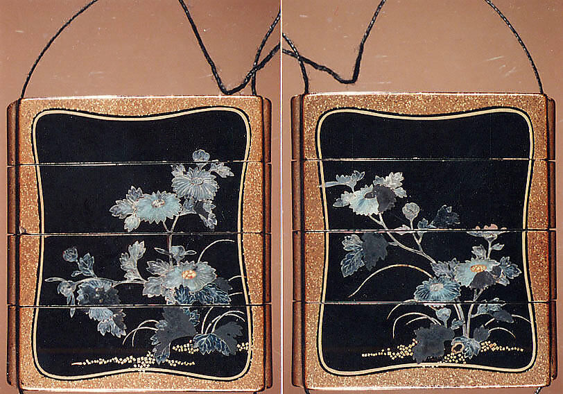Case (Inrō) with Design of Flowering Chrysanthemums with Brocade Borders, Lacquer, roiro, nashiji, hirame, aogai, gold foil inlay; Interior: fundame, Japan 