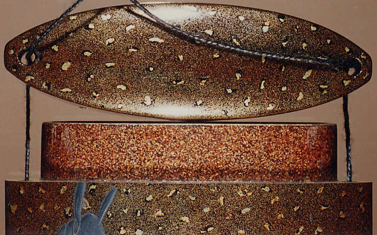 Case (Inrō) with Design of Two Saddled Horses (obverse); Saddled Mule beside Decorated Post (reverse), Lacquer, nashiji, hirame, gold and coloured hiramakie, takamakie; Interior: nashiji, fundame & red lacquer, Japan