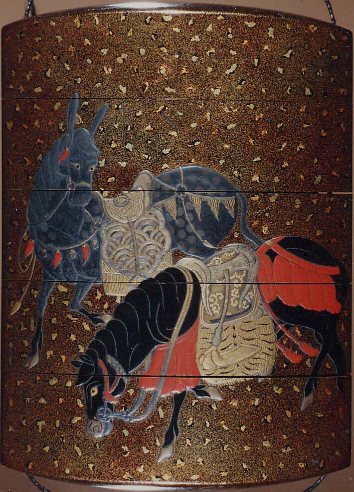 Case (Inrō) with Design of Two Saddled Horses (obverse); Saddled Mule beside Decorated Post (reverse), Lacquer, nashiji, hirame, gold and coloured hiramakie, takamakie; Interior: nashiji, fundame & red lacquer, Japan