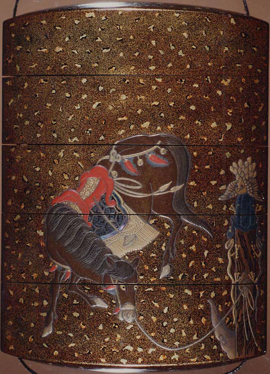 Case (Inrō) with Design of Two Saddled Horses (obverse); Saddled Mule beside Decorated Post (reverse), Lacquer, nashiji, hirame, gold and coloured hiramakie, takamakie; Interior: nashiji, fundame & red lacquer, Japan