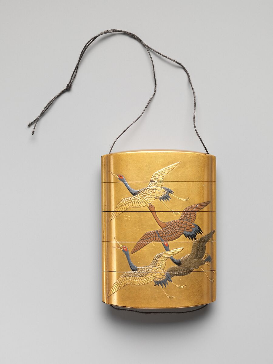 Case (Inrō) with Design of Seven Cranes in Flight, Lacquer, fundame, gold, silver, black and red hiramakie, gold foil; Interior: nashiji and fundame, Japan 