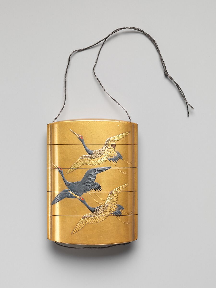 Case (Inrō) with Design of Seven Cranes in Flight, Lacquer, fundame, gold, silver, black and red hiramakie, gold foil; Interior: nashiji and fundame, Japan