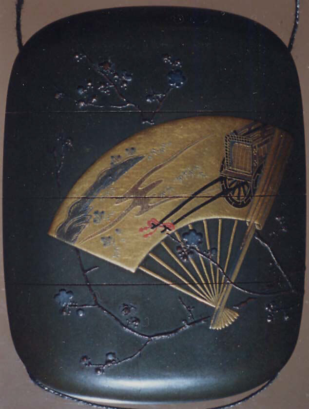 Case (Inrō) with Design of Fans and Plum Branch, Gold maki-e with black lacquer, Japan