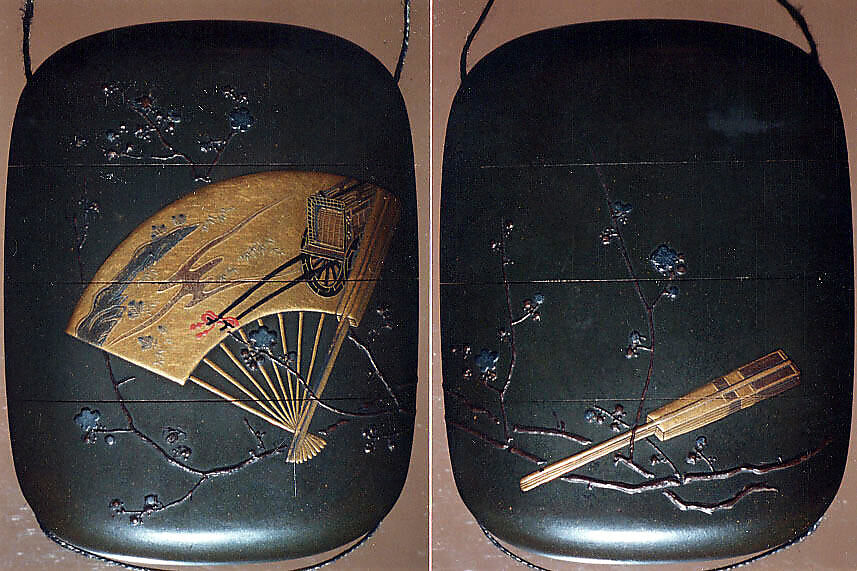 Case (Inrō) with Design of Fans and Plum Branch, Gold maki-e with black lacquer, Japan